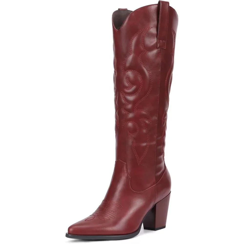 Women Burgundy Western Knee High Cowgirl Boots with Side Zipper Retro Pointed